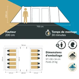 Zeltansicht mit Maßen: Höhe 200 cm, Länge 700 cm, Aufbauzeit 30 Minuten. Innenlayout mit Schlafplätzen für 10 Personen und Verpackungsinformationen.