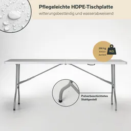 Tisch mit einer weißen HDPE-Tischplatte und einem pulverbeschichteten Stahlgestell. Sichtbare Details zu Belastbarkeit und Eigenschaften.