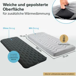 Zwei Luftmatratzen werden nebeneinander dargestellt. Die linke Matratze ist ohne Bezug, die rechte mit faltiger, grauer Oberfläche. Größenangaben sind sichtbar. Ein weiteres Bild zeigt den Bezug.