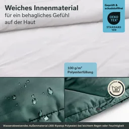 Grüne Decke mit Wasserabweisendem Außenmaterial, weiße Innenseite und wasserdichten Tropfen, Materialien und Pflegehinweise.
