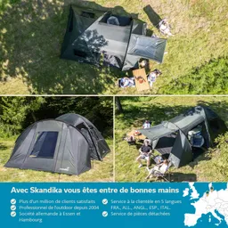 Drei Zeltanordnungen auf einer Wiese: Oben ein großes Zelt und ein Tisch mit Sitzenden, unten zwei Zelte und Personen, die entspannen.