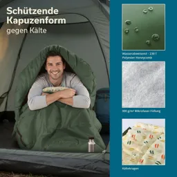 Schlafsack in grüner Farbe mit Person darin, die lächelt. Zeltinnenseite im Hintergrund und Wasserflasche sichtbar.