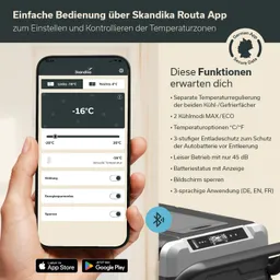 Smartphone mit Skandika Routa App zur Temperatureinstellung. Anzeige von Kühlmodi, Temperaturregulierung und Funktionen.