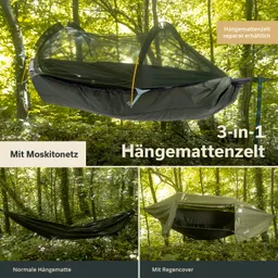 Hängemattenzelt mit Moskitonetz in einem Wald, daneben Darstellungen einer normalen Hängematte und einer Hängematte mit Regencover.