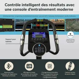 Moderne Trainingskonsole mit LCD-Display, Bluetooth-Funktion und Tablet-Halterung. Überblick über Trainingsprogramme und Statistiken.