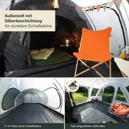 Zeltinnenseite mit schwarzem Stoff, orangefarbenem Stuhl, Bett mit Decke und LED-Lampe. Transparentes Außenzelt mit Fenstern.