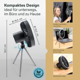 Ein Tischventilator mit kompaktem Design steht auf einem zusammenklappbaren Stativ. Er hat einen Durchmesser von 18,3 cm und eine Höhe von 34,2 cm. Die Seitenansicht zeigt die drehbare Funktion.