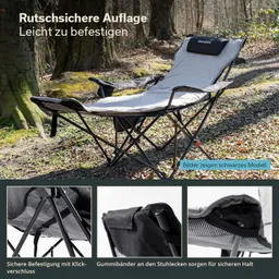 Lagerstuhl mit rutschfester Auflage im Freien, umgeben von Bäumen Detailansichten der Befestigungselemente.