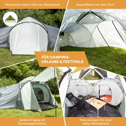 Campingzelt mit mehreren Eingängen und über 13 m² Fläche, umgeben von grünen Bäumen und Gras.