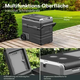 Multifunktionale Kühlbox mit Rollen, LED Touch Display, integrierter Abstellfläche und Aufbewahrung für Schneidebrett.
