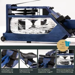 Wassertretgerät aus Holz mit transparentem Wassertank, Füßstützen und ergonomischem Sitz. Features detailliert angezeigt.