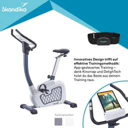 Ein stationäres Fahrrad in modernem Design mit einem Tablet-Halter und einem Herzfrequenzmessgerät. Farbvarianten sind sichtbar.