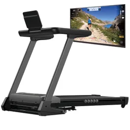 Laufband mit NEIGEN-Monitor, der einen Nutzer auf einem Waldweg zeigt. Gerät in Schwarz mit Bedienelementen.