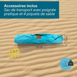 Transporttasche in Türkis auf Sand mit vier gelben Heringen. Maße: 104 cm x 15 cm, Gewicht: 2,65 kg.