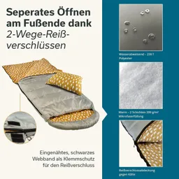 Schlafsack in silber und gelb mit gepunktetem Muster, inklusive Kissen. Details zu Materialien und Eigenschaften.