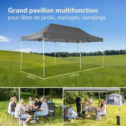 Zelt mit grauem Dach, Maße 300 cm x 600 cm, steht auf einer Wiese. Darunter sitzen Personen an einem Tisch und essen. Im Hintergrund Bäume und Himmel.