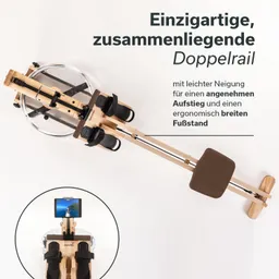 Rudergerät aus Holz, mit transparentem Wassertank, ergonomischer Sitzfläche und Halterung für ein Tablet.