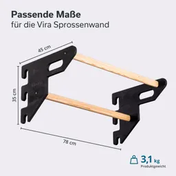 Sprossenwand-Modul aus Holz und schwarzem Kunststoff mit Abmessungen von 78 cm Breite, 45 cm Höhe und 35 cm Tiefe.