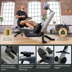 Rudergerät in einem modernen Raum mit großen Fenstern. Eine Person sitzt aktiv auf dem Gerät. Informationen über Körpergröße und Benutzergewicht sind vorhanden. Detailaufnahmen zeigen Widerstandsregler, ergonomischen Sitz, Anti-Rutsch-Pedale und Zuggriff.
