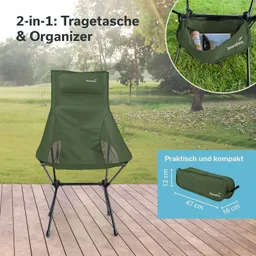 Grüner Stuhl mit Organizer in einer outdoor Umgebung, Holzfußboden, abgebildete Maße und Tragetasche.