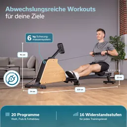 Rudergerät mit Holzdetails und Bildschirm. Person sitzt drauf, hält die Griffe. Informationen zu Dimensionen und Programmen daneben.