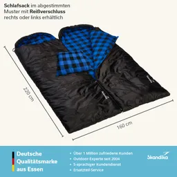 Schlafsack in Schwarz mit blau-kariertem Innenfutter, abgebildet horizontal mit Maßen von 220 cm x 160 cm.