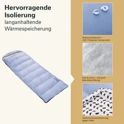 Schlafsack in hellblauer Farbe mit gestreifter Abdeckung. Informationen zu Isolierung und Materialien sind daneben aufgeführt.