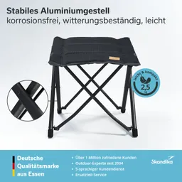Schwarzer Klappstuhl mit stabilem Aluminiumgestell, korrosionsfrei und witterungsbeständig, auf hellem Hintergrund.