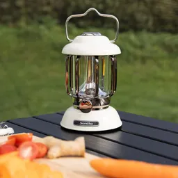 Öl-Lampe in Weiß und Chrom auf einem schwarzen Tisch, umgeben von frischem Gemüse wie Karotten und Tomaten.