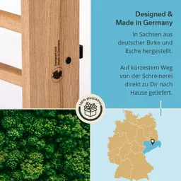 Holzregal aus deutscher Birke und Esche, mit Logo. Texte über Herkunft, Lieferung und Plastikfreiheit. Hintergrund mit Baumkrone. Karte Deutschlands.