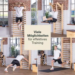 Ein Fitnessraum mit einem Holzgerät. Eine Person macht Klimmzüge, eine andere ist im Ausfallschritt, eine dritte sitzt mit angehobenem Oberkörper. Raum mit Fenster und Klettergerüst.
