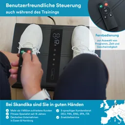 Vibrationsplatte mit Füßen in Sportschuhen darauf, Fernbedienung in einer Hand. Display zeigt Geschwindigkeits- und Programminformationen.