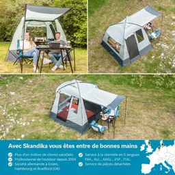 Zelt in einem grünen Garten mit zwei sitzenden Personen am Tisch. Dreigeteilte Ansicht des Zeltes und Zubehör.