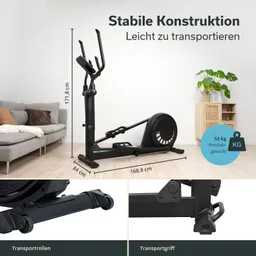 Ellipsentrainer in einem Raum mit Sofa und Pflanze, Maße und Gewicht sind angegeben. Elemente zur Handhabung sind abgebildet.