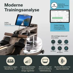 Rudergerät mit Tablet-Halterung, Anzeige der Trainingsdaten. Wasserfüllung regulierbar, 9 Widerstandsstufen, Bluetooth-Funktion.