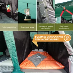 Zeltinnenseite mit drei Schlafkabinen, Ordnungsfächern, einer Lampe und Schlafsack in orange. Moskitonetz sichtbar.