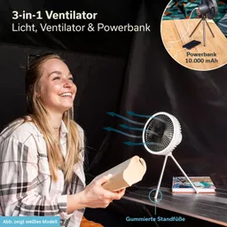 3-in-1 Ventilator auf einem Tisch, neben einer lächelnden Person, die ein Buch hält. Schwarz-grau Hintergrund.