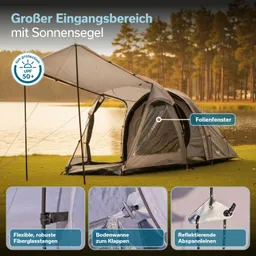 Zelt mit Sonnenschutz vor einem Gewässer, umgeben von Bäumen. Anzeigen zu Folienfenster, Bodenwanne und Abspannleinen.