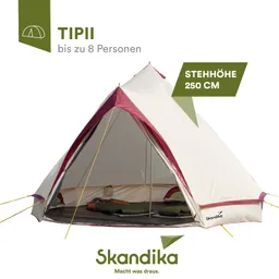 Zelt in Tipi-Form, geeignet für bis zu 8 Personen, mit einer Stehhöhe von 250 cm. In den Farben Weiß und Rot.