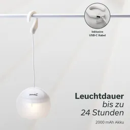 Hängende Lampe mit kugelförmigem Design und USB-C-Anschluss, beleuchtet mit einer Leuchtdauer von bis zu 24 Stunden.