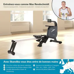 Rudergerät in einem hellen Raum mit Holzfußboden, unten links. Neben dem Gerät Informationen über den Anbieter und einen Athleten.