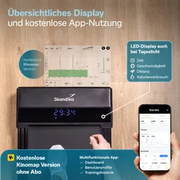 Display eines Fitnessgeräts mit LED-Anzeige für Zeit, Geschwindigkeit, Distanz und Kalorienverbrauch. Smartphone mit App-Dashboard sichtbar.
