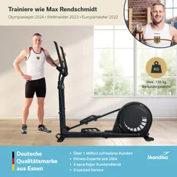 Einstellbarer Crosstrainer links, daneben eine Person in Sportkleidung. Helle Umgebung mit Fenstern und Holzfußboden.