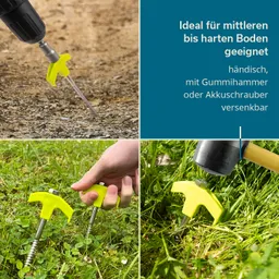 Werkzeug zur Bodenbearbeitung mit gelben Griff in Erdboden, Anwendung mit Hand, Gummihammer oder Akkuschrauber.