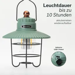Grüne Akku-Lampe mit rippigem Schirm, Glaskörper und schwarzer Metallhalterung. USB-C-Anschluss ist sichtbar.
