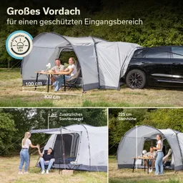 Zelt mit großem Vordach, zwei sitzende Personen an einem Tisch, Auto daneben. Zusätzliche Sonnensegel abgebildet.