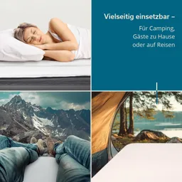 Oben links: schlafende Person auf einer Matratze. Unten links: Beine einer Person, die auf einer Bank mit Berglandschaft blickt. Unten rechts: Innenansicht eines Zeltes mit Blick auf einen See.