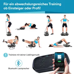 Mehrere Bilder von Personen, die verschiedene Übungen auf Vibrationsplatten ausführen. Ein Mobiltelefon zeigt eine Musik-App.