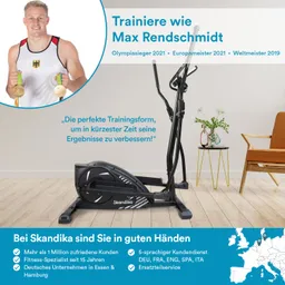 Das Bild zeigt einen Ellipsentrainer, daneben steht eine Person mit Medaillen. Im Hintergrund sind ein Stuhl und eine Pflanze sichtbar.