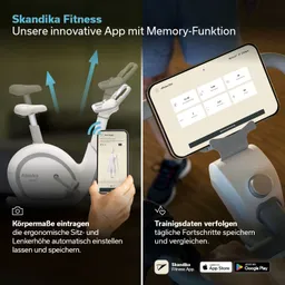 Ergonomisches Fitnessgerät in Weiß mit einem anpassbaren Sitz und Lenker. Im Hintergrund weiche Beleuchtung und Holzoberfläche.